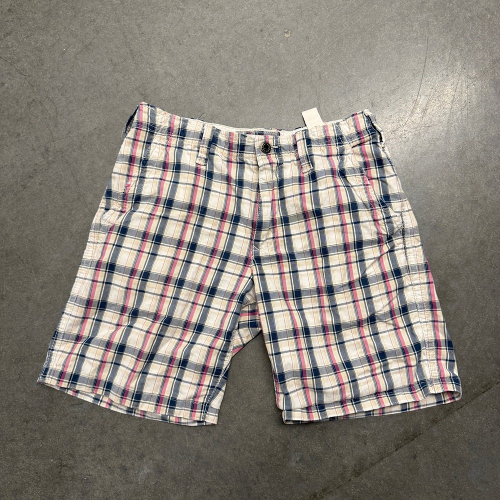 Express Mens Plaid Flat Front Shorts Size 29 Navy Pink Cream Cotton Casual
